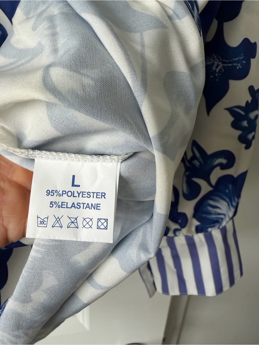 Blue & White Floral Button Shirt w/ Striped Collar and Cuffs - Picture 3 of 6
